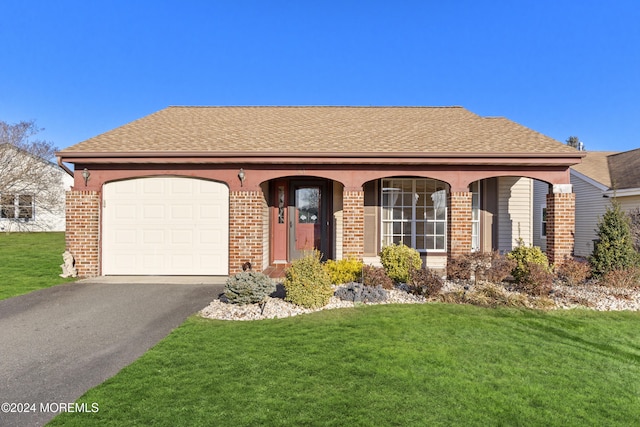 single story home featuring a front lawn and a garage