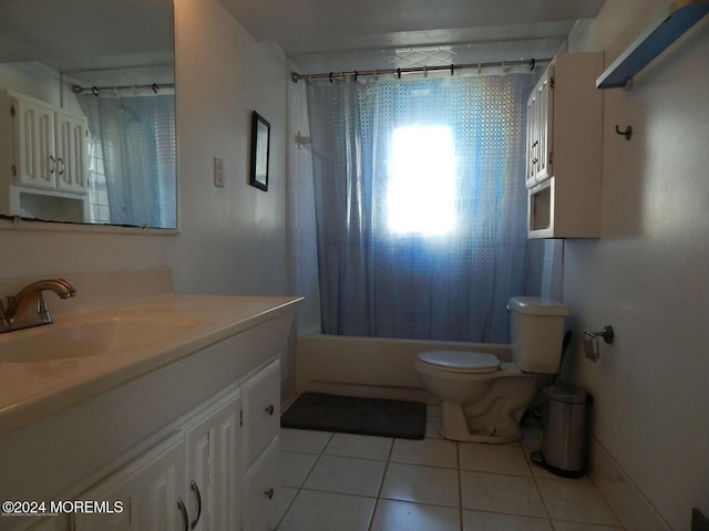 full bathroom featuring shower / bathtub combination with curtain, tile patterned flooring, vanity, and toilet