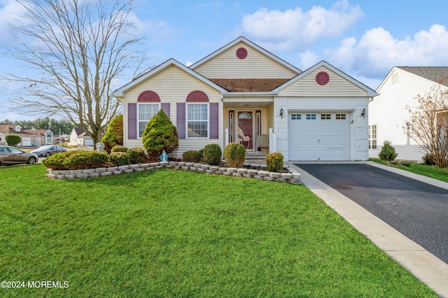 single story home featuring a front yard and a garage