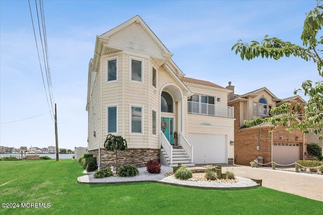 view of front facade with a garage, a balcony, and a front yard