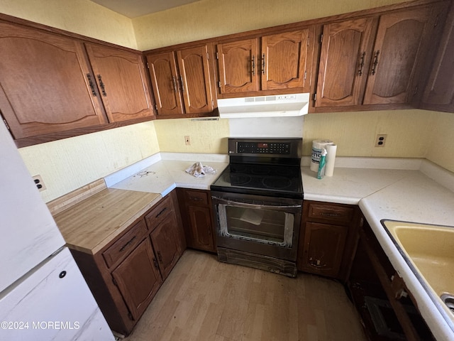 kitchen featuring sink, black electric range, and light hardwood / wood-style flooring