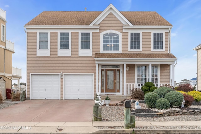 view of front of home featuring a shingled roof, driveway, a garage, and a porch