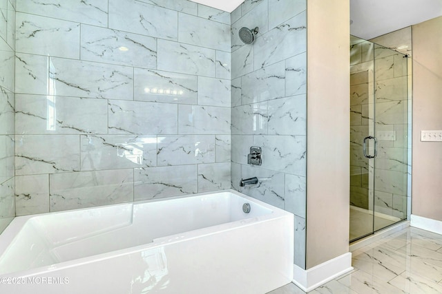 1032 3rd Ave, Toms River, NJ 08757 - bathroom featuring a stall shower, a bathtub, and marble finish flooring