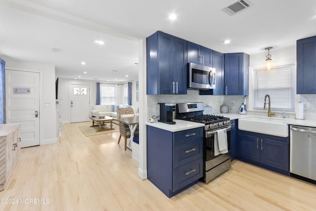 kitchen featuring sink, light wood-type flooring, stainless steel appliances, and tasteful backsplash