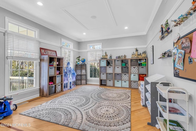 recreation room featuring hardwood / wood-style flooring, ornamental molding, and a wealth of natural light