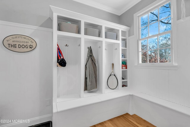 mudroom featuring wood-type flooring and ornamental molding