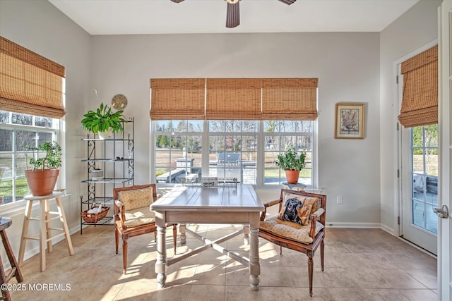 interior space with plenty of natural light, baseboards, and a ceiling fan