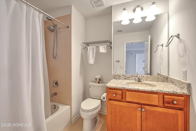 bathroom featuring toilet, shower / tub combo, vanity, visible vents, and tile patterned floors