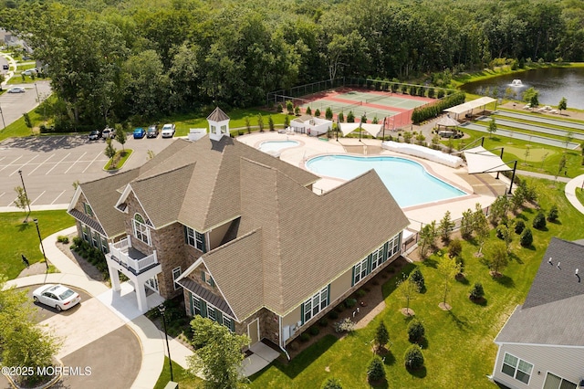 aerial view featuring a water view