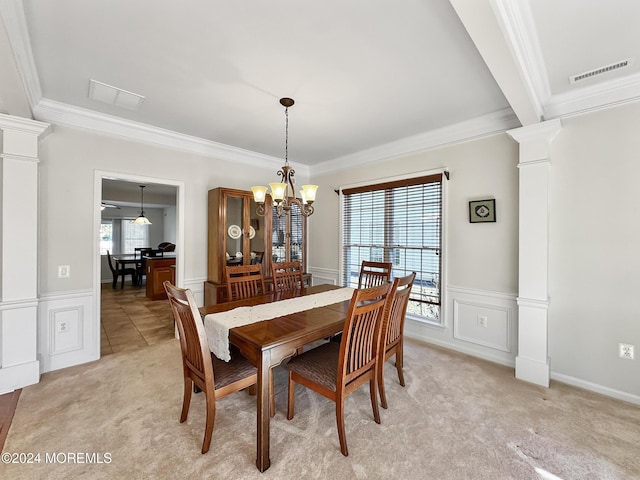 dining space featuring beam ceiling, light carpet, a notable chandelier, and ornamental molding