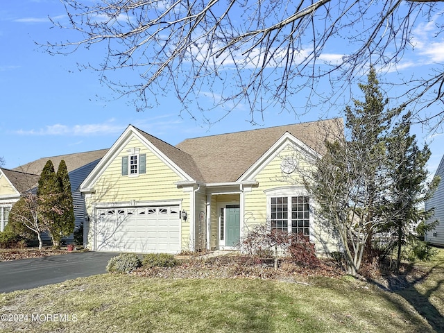 view of front facade featuring aphalt driveway, roof with shingles, and a front yard