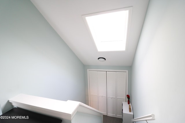 bedroom featuring vaulted ceiling with skylight and a closet