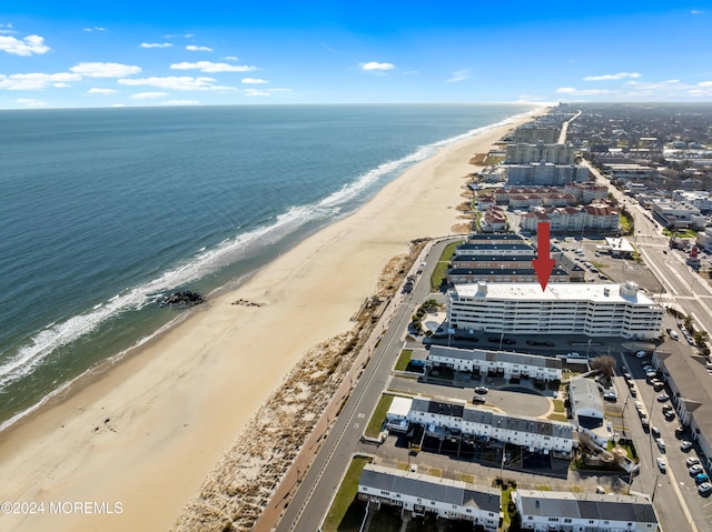 drone / aerial view with a water view and a view of the beach