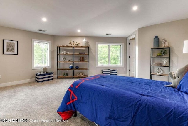 carpeted bedroom featuring multiple windows