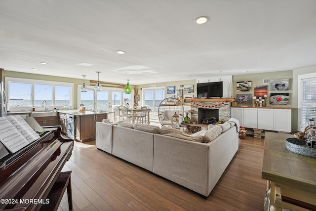 living room with a stone fireplace, dark hardwood / wood-style flooring, sink, and a water view