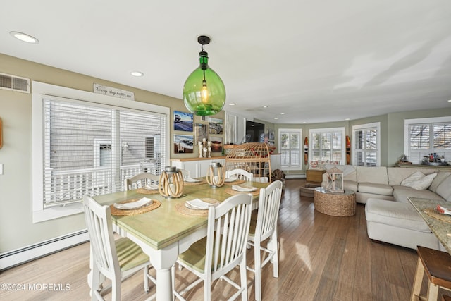 dining area with a wealth of natural light, a baseboard radiator, and hardwood / wood-style flooring