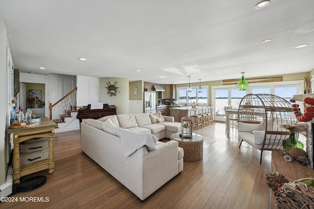 living room with sink and dark wood-type flooring