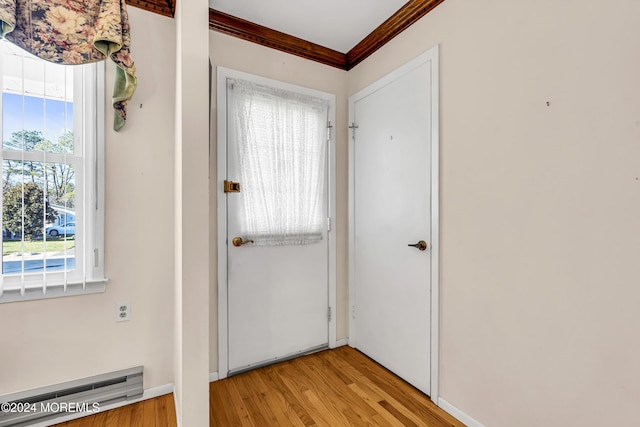 entryway featuring a healthy amount of sunlight, light wood-type flooring, and a baseboard heating unit