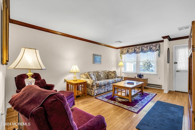 living room with light wood-type flooring, ornamental molding, and baseboard heating