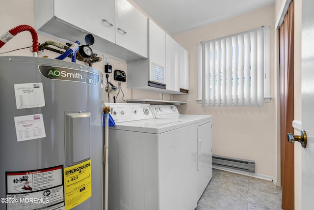 washroom featuring water heater, cabinets, and independent washer and dryer