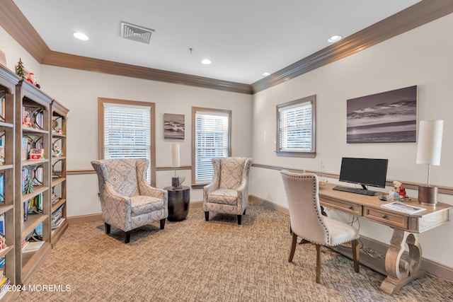 office space featuring light colored carpet and ornamental molding