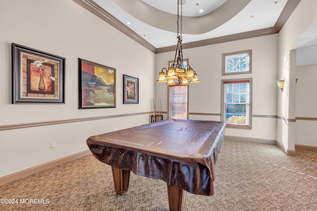 recreation room featuring carpet, ornamental molding, and billiards