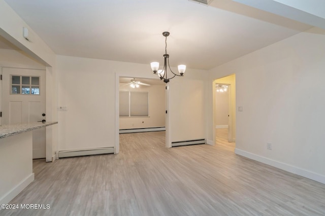 unfurnished living room featuring a baseboard radiator, ceiling fan with notable chandelier, and light hardwood / wood-style floors