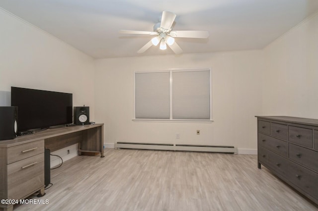 office featuring crown molding, light hardwood / wood-style flooring, ceiling fan, and baseboard heating