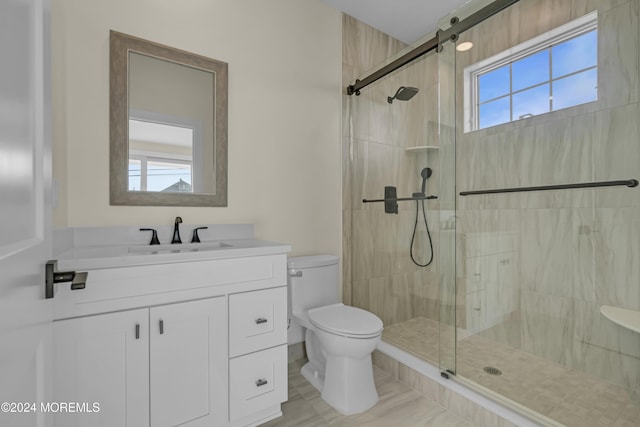 bathroom with toilet, a stall shower, and vanity