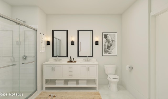 bathroom featuring vanity, toilet, and walk in shower