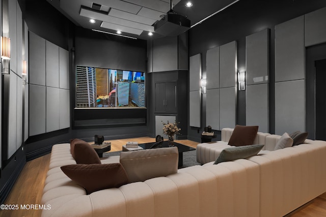 home theater room featuring recessed lighting, visible vents, and wood finished floors