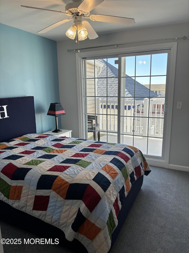 bedroom featuring carpet flooring, access to outside, and ceiling fan