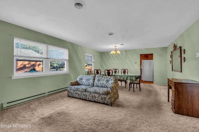 carpeted living room with a chandelier and a baseboard radiator