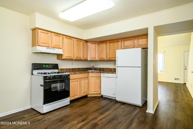 kitchen with dark hardwood / wood-style flooring, sink, light brown cabinetry, and white appliances