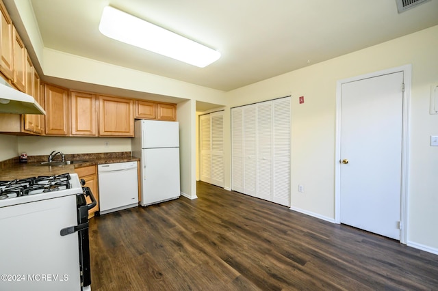 kitchen with dark hardwood / wood-style flooring, white appliances, light brown cabinets, and sink