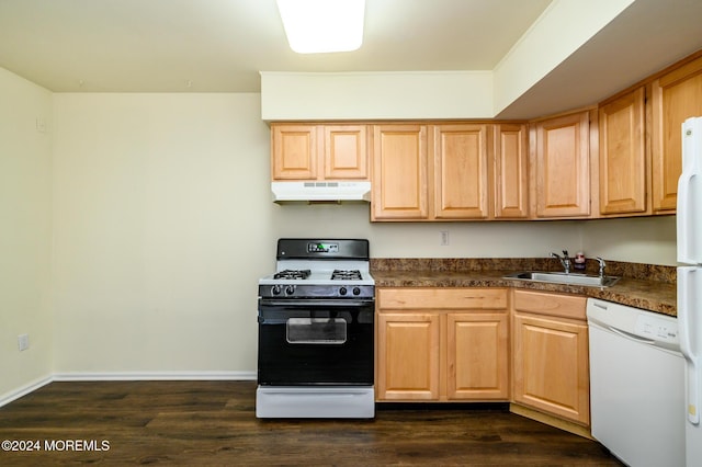 kitchen featuring sink, light brown cabinets, dark hardwood / wood-style flooring, range with gas cooktop, and white dishwasher