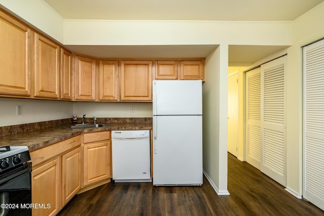 kitchen with dark hardwood / wood-style floors, light brown cabinets, white appliances, and sink