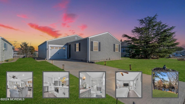 back house at dusk featuring a lawn and a garage