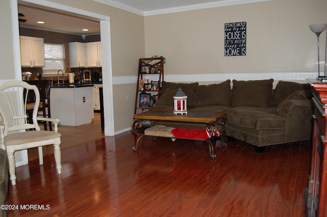 living room with sink, crown molding, and dark wood-type flooring