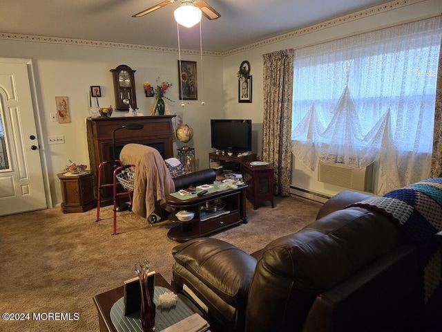 carpeted living room featuring ceiling fan, cooling unit, and a baseboard heating unit