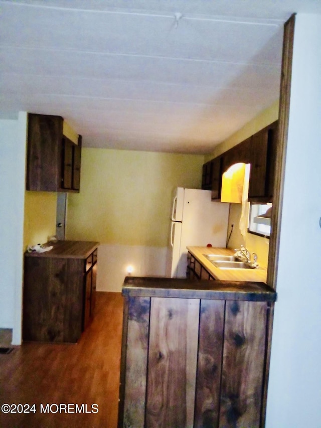 kitchen featuring sink, dark hardwood / wood-style floors, dark brown cabinets, white fridge, and kitchen peninsula