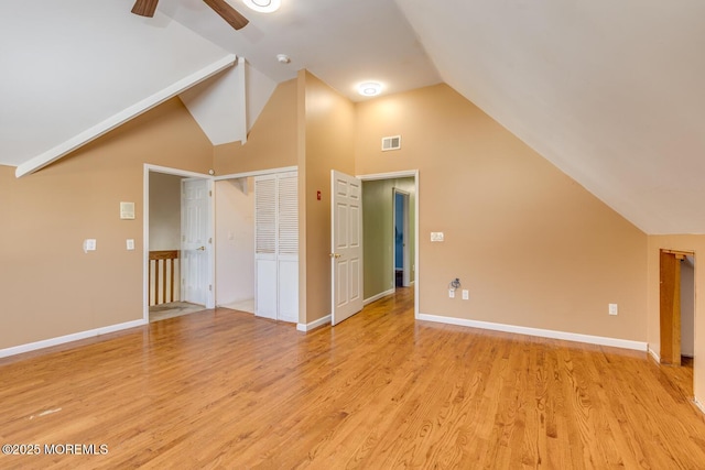 bonus room featuring ceiling fan, light hardwood / wood-style floors, and lofted ceiling