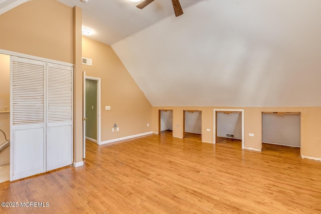 additional living space featuring ceiling fan, light hardwood / wood-style floors, and lofted ceiling