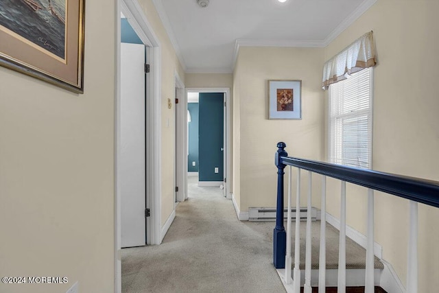 corridor featuring crown molding, light colored carpet, and baseboard heating