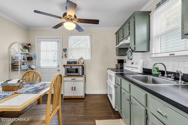 kitchen featuring dark wood-type flooring, sink, ceiling fan, decorative backsplash, and white electric range oven