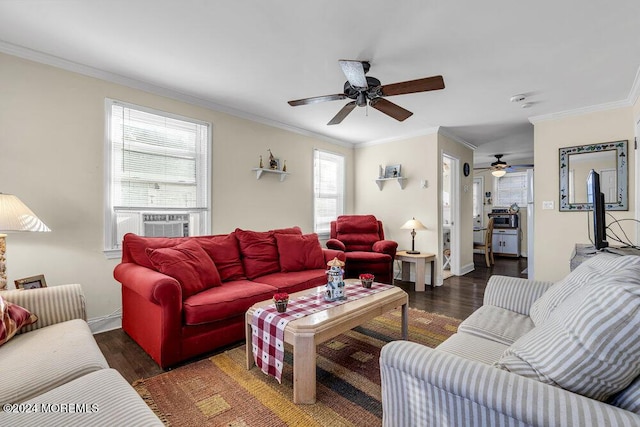 living room with dark hardwood / wood-style floors, cooling unit, crown molding, and ceiling fan