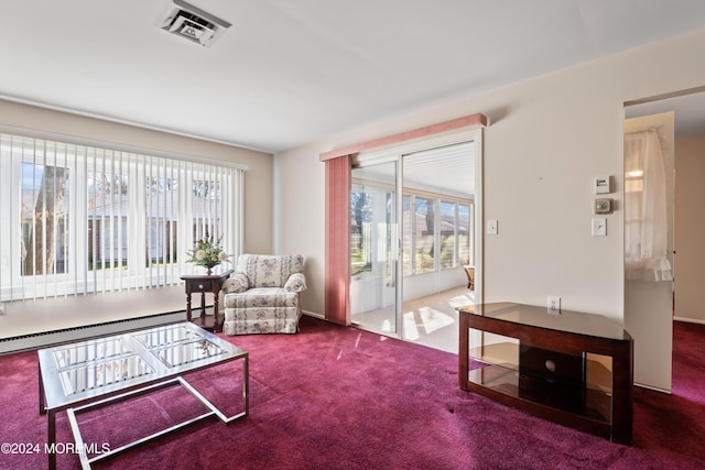 living room with carpet floors and baseboard heating