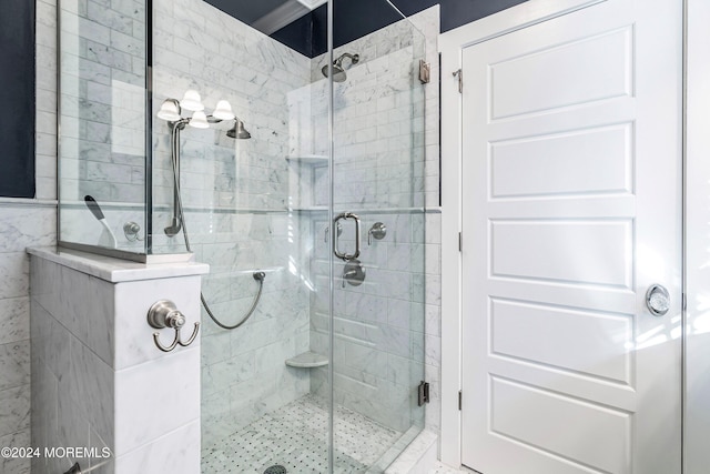 bathroom with a shower with shower door