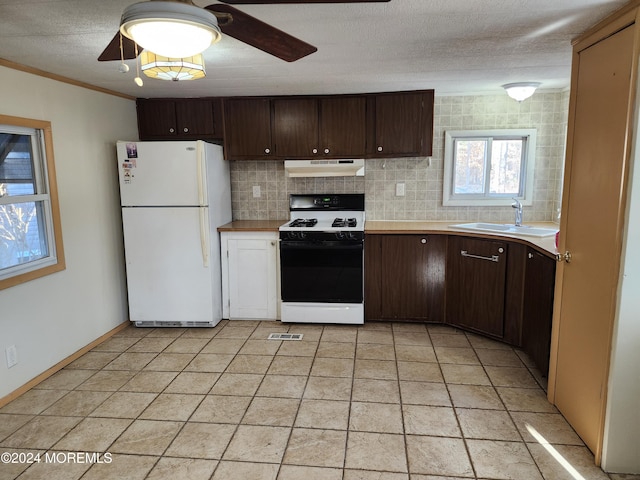 kitchen featuring backsplash, white appliances, ceiling fan, crown molding, and sink