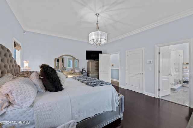 bedroom with crown molding, dark wood-type flooring, and an inviting chandelier